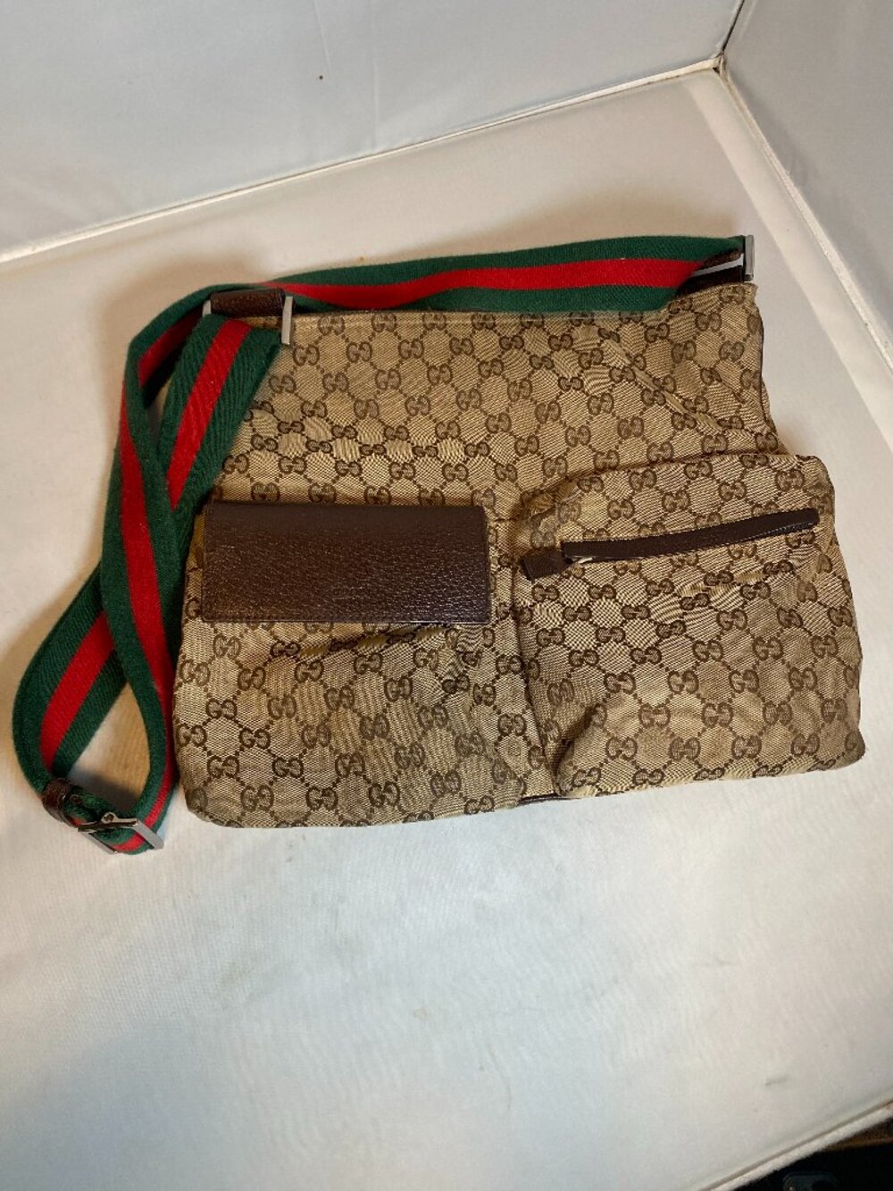 Gucci Beige GG Canvas Medium Web Double Pocket Messenger Bag